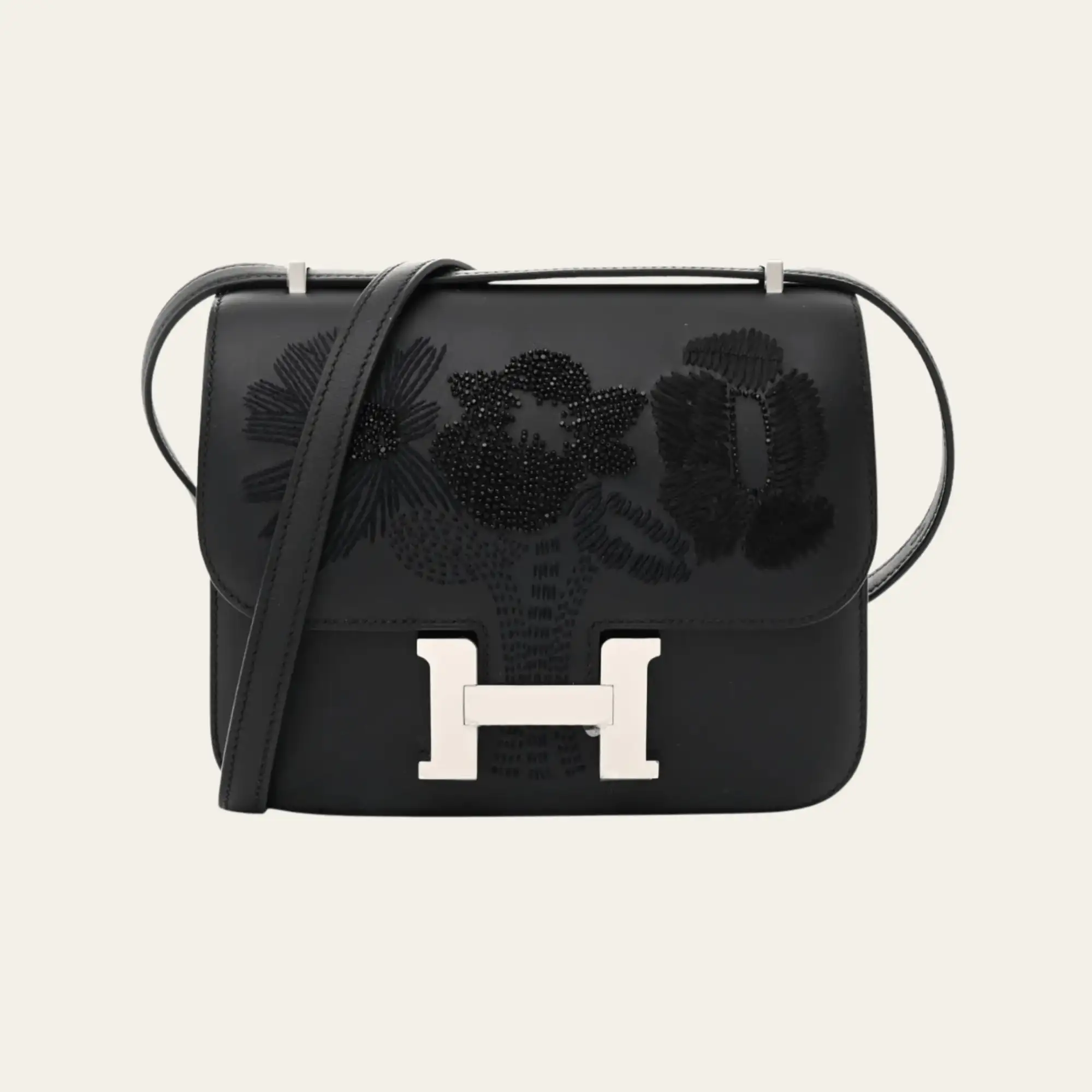 Hermès Noir Constance 18 "Dancing Flowers" Embroidered Swift Palladium Hardware
