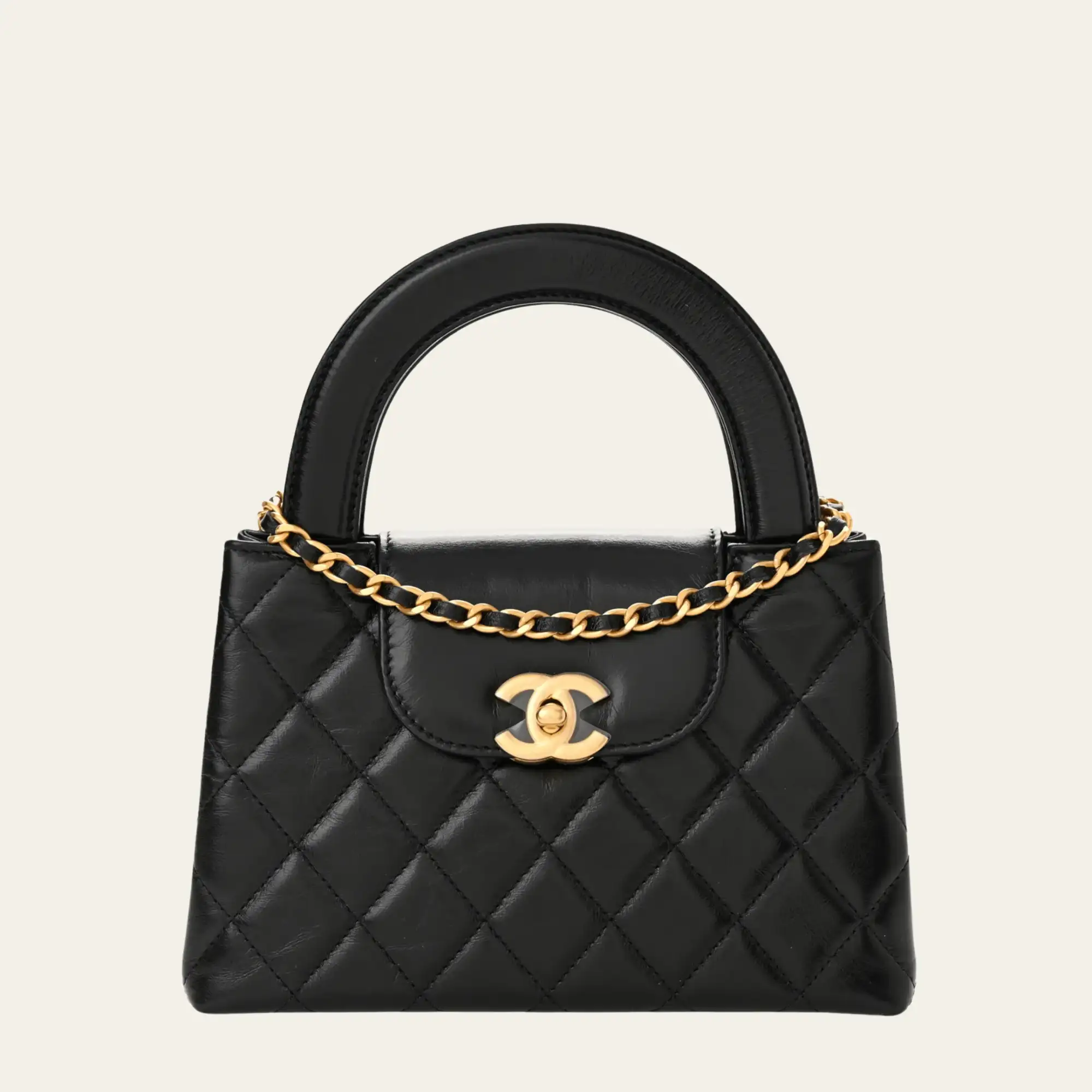 Chanel Nano Kelly Shopper Black Shiny Aged Quilted Calfskin Brushed Gold Hardware