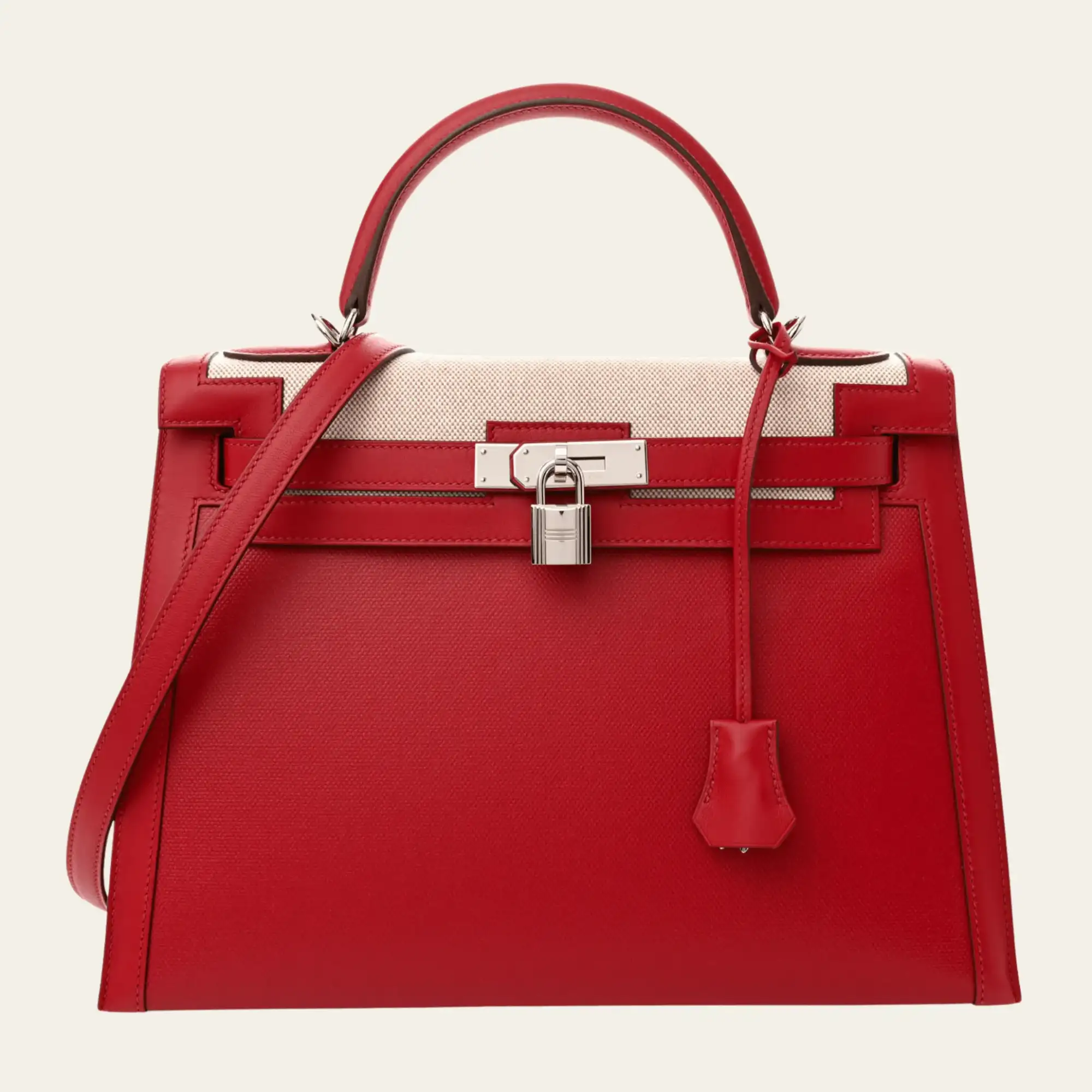 Hermès Rouge Piment Kelly 32 Sellier Swift and Toile Berline Palladium Hardware