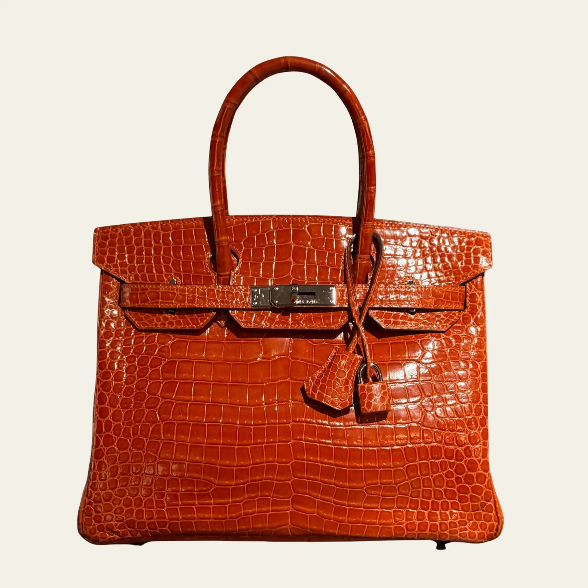 Hermès Orange Birkin 30 Shiny Porosus Crocodile Palladium Hardware