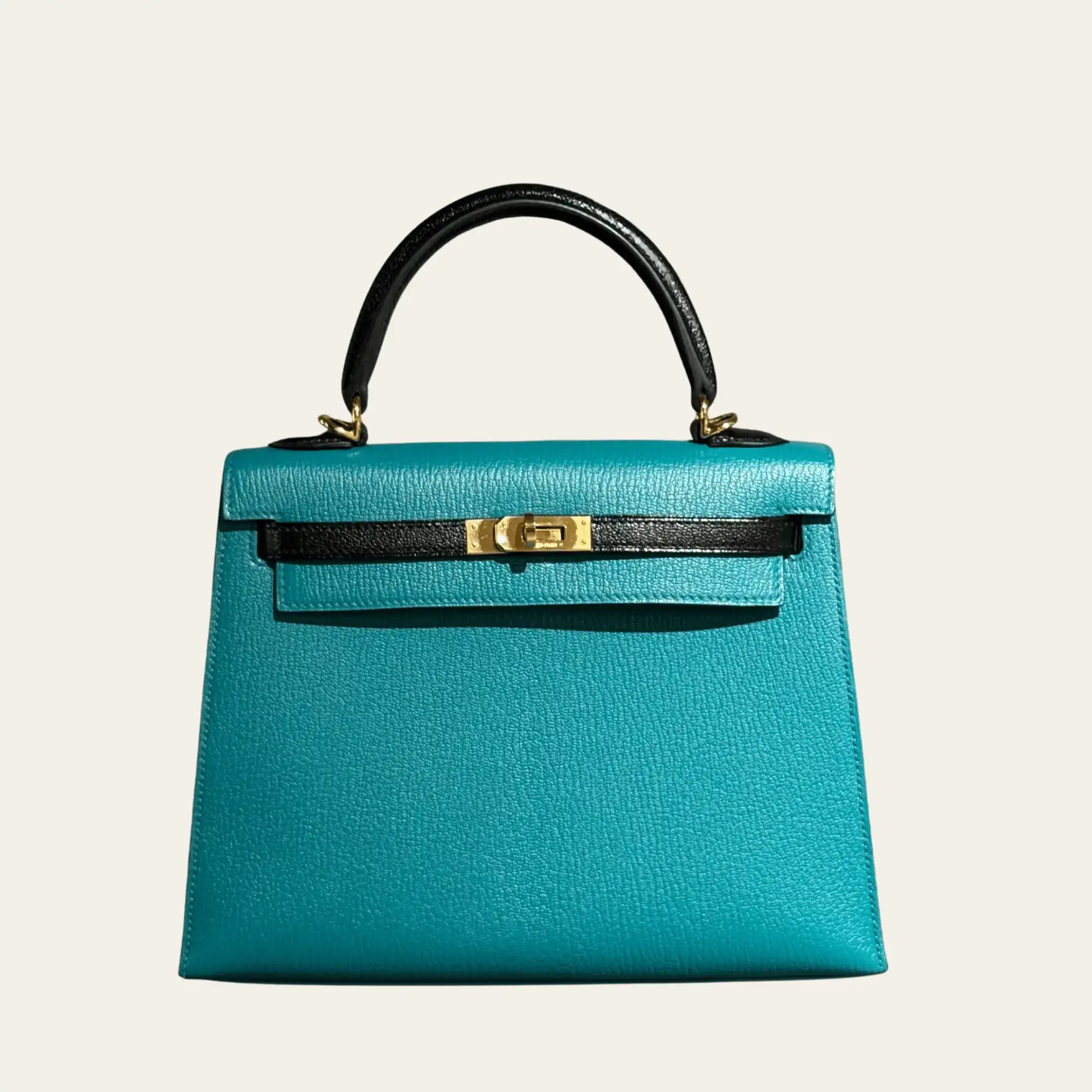 Hermès Blue Paon and Noir Kelly Sellier 25 Chevre Mysore Gold Hardware HSS