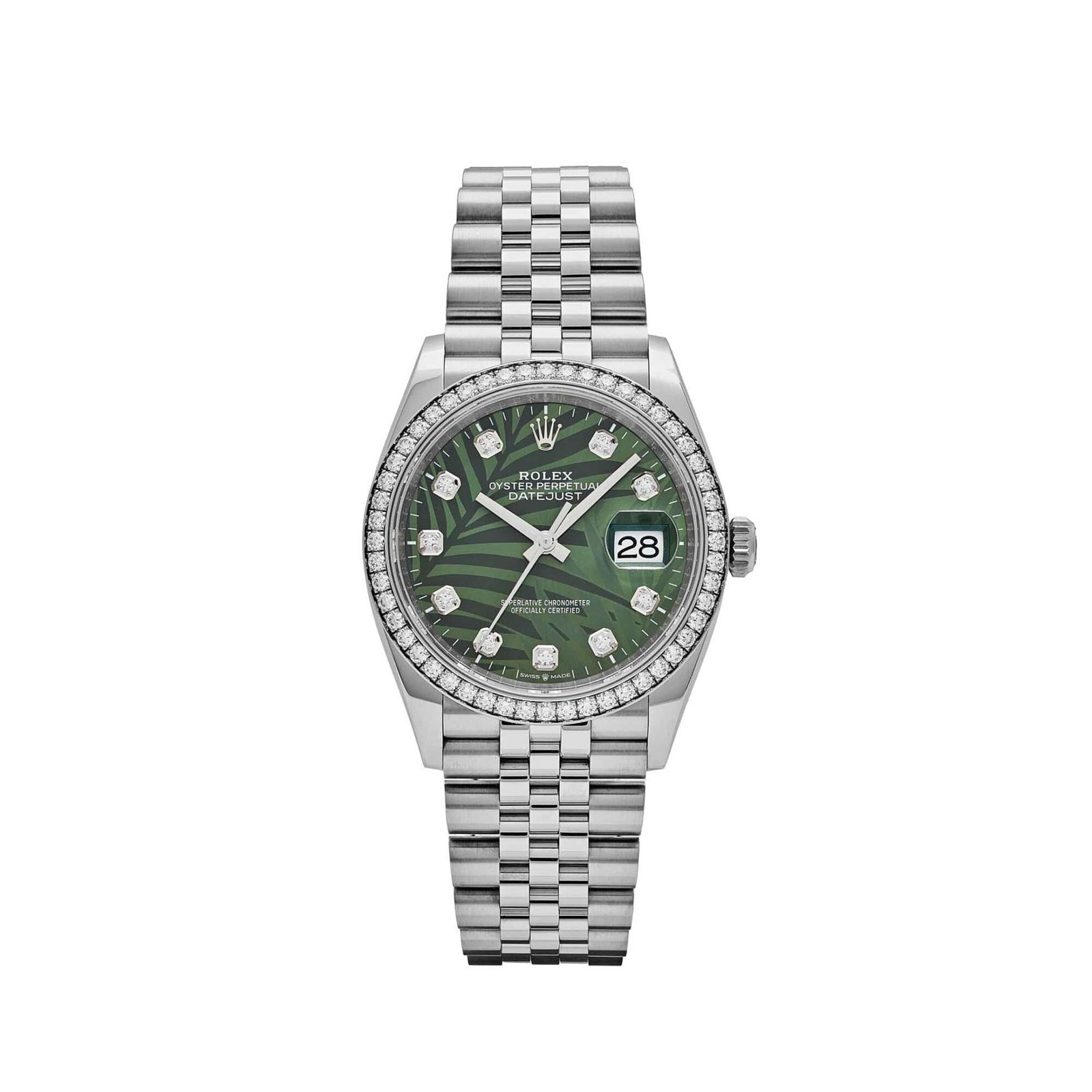 Rolex Datejust 36 126284RBR Stainless Steel Green Palm Frond Diamond Dial Diamond Bezel