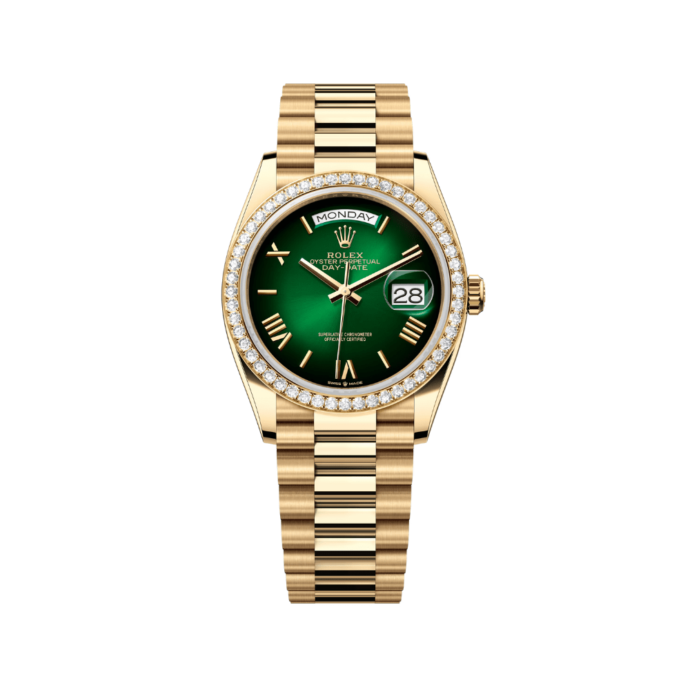 Rolex Day-Date 36 128348RBR Yellow Gold Green Ombre Roman Numeral Dial Diamond Bezel