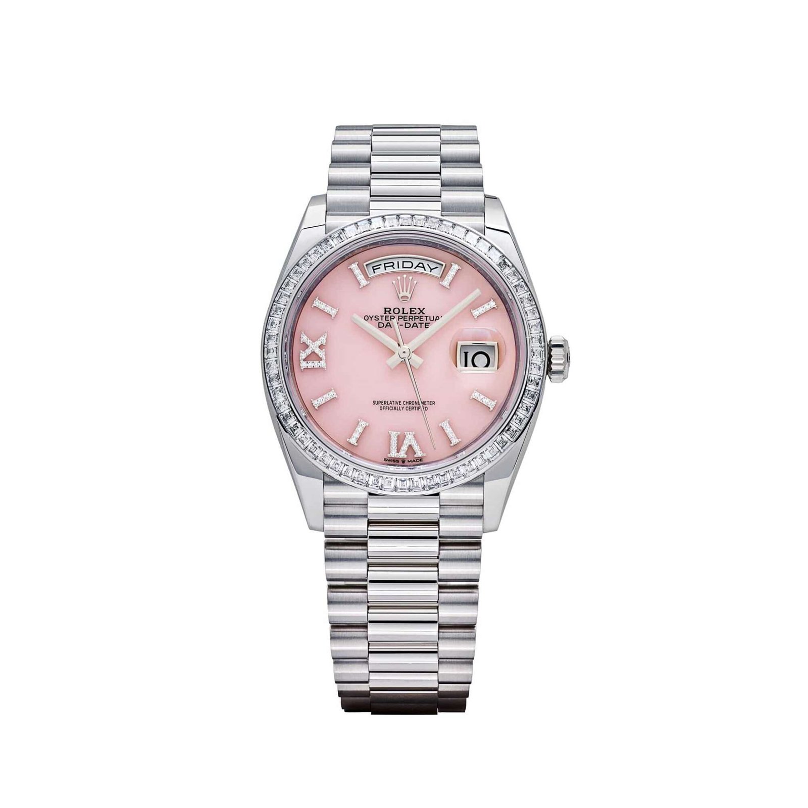 Rolex Day-Date 36 128396TBR Platinum Pink Opal Diamond Roman Numerals Dial Diamond Bezel