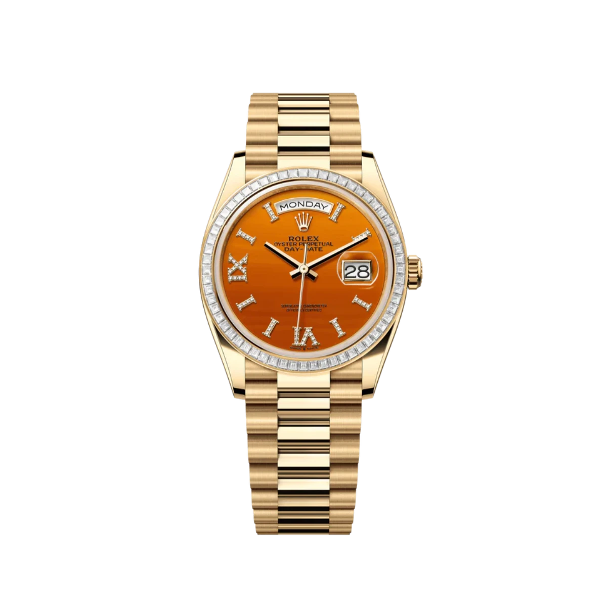 Rolex Day-Date 36 128398TBR Yellow Gold Carnelian Diamond Roman Numerals Dial Diamond Bezel (2025)