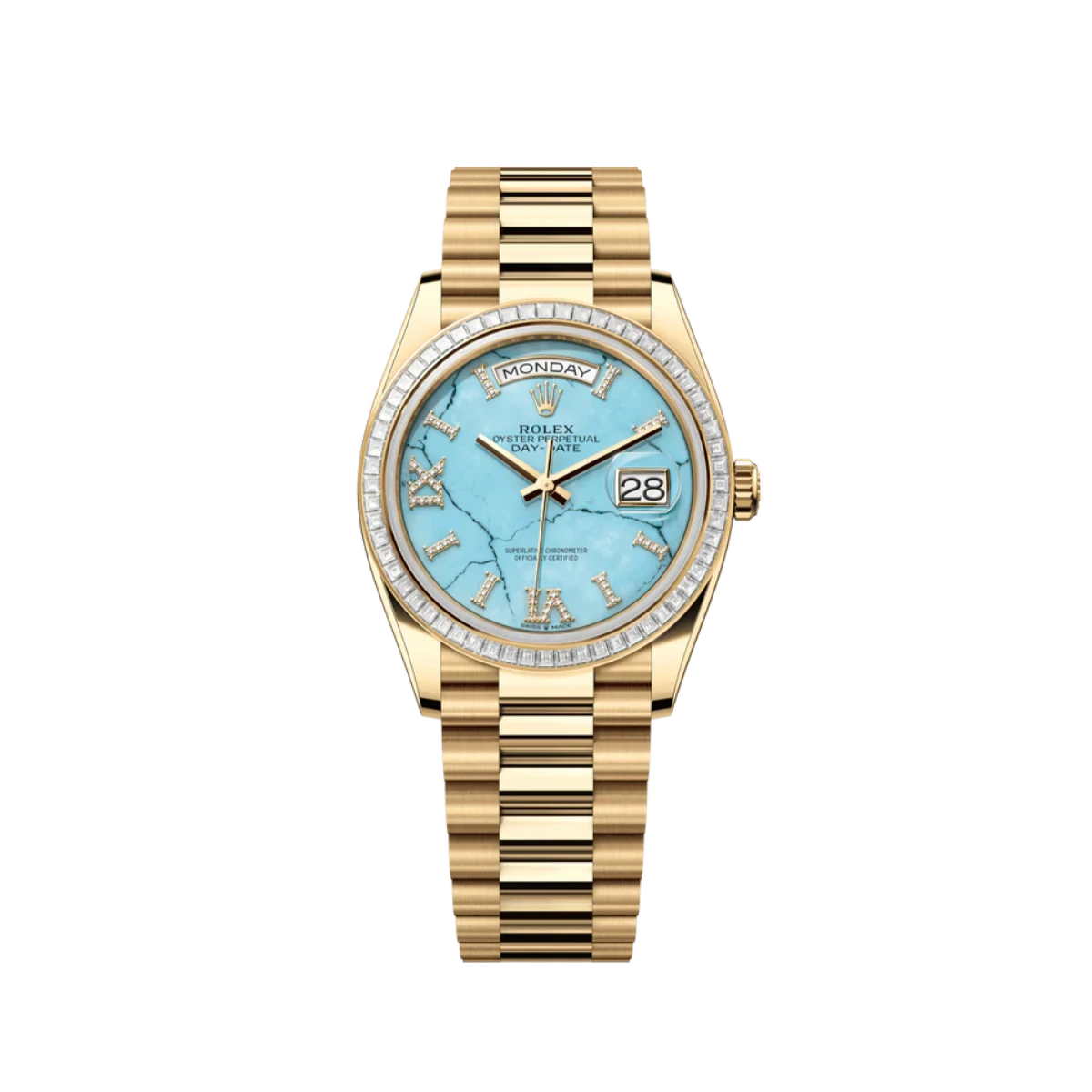 Rolex Day-Date 36 128398TBR Yellow Gold Turquoise Stone Diamond Roman Numerals Dial Diamond Bezel (2024)