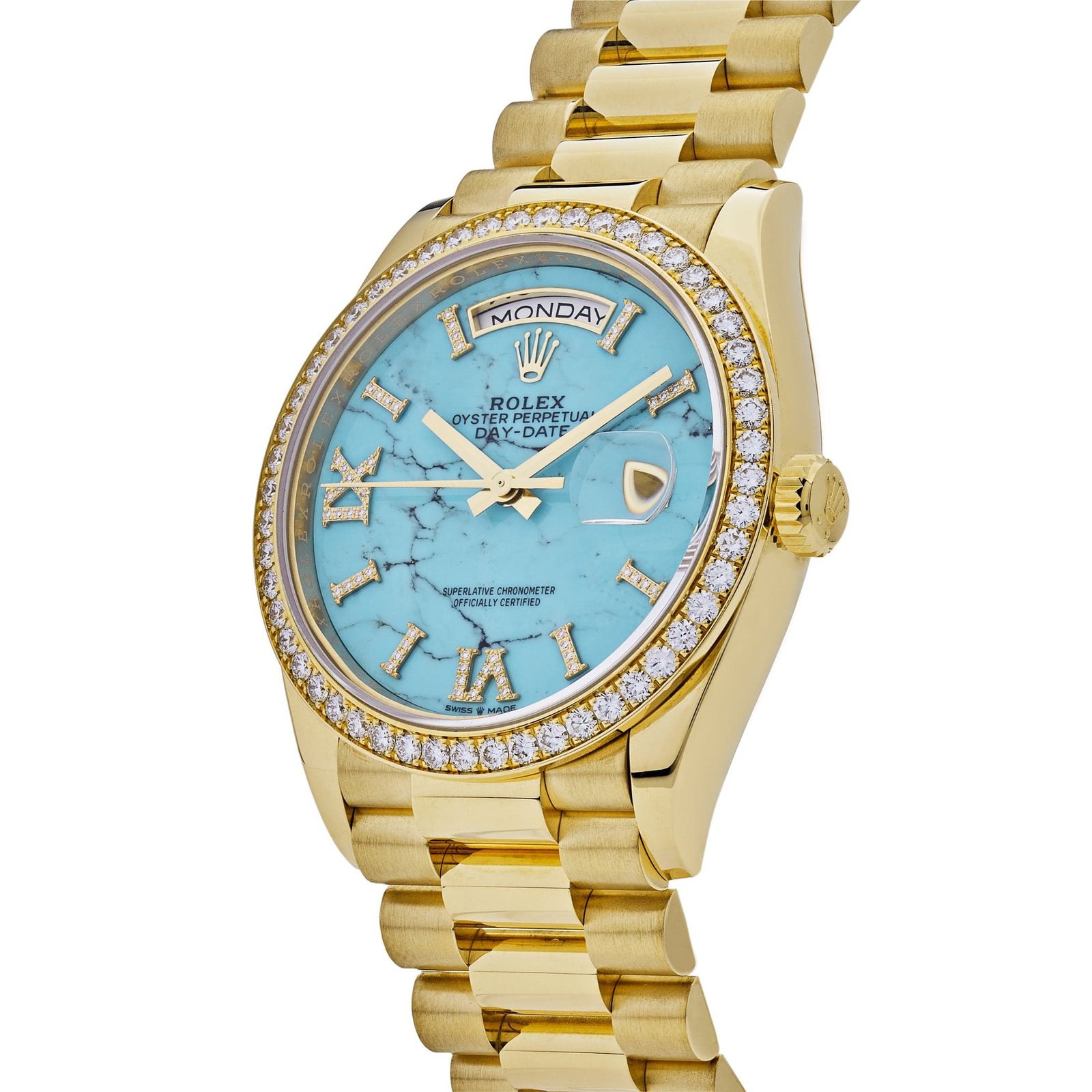 Rolex Day-Date 36 128348RBR Yellow Gold Diamond Bezel Turquoise Diamond Dial - Image 3