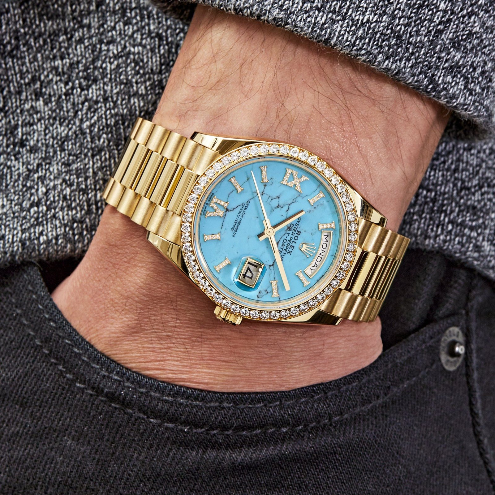 Rolex Day-Date 36 128348RBR Yellow Gold Diamond Bezel Turquoise Diamond Dial - Image 2