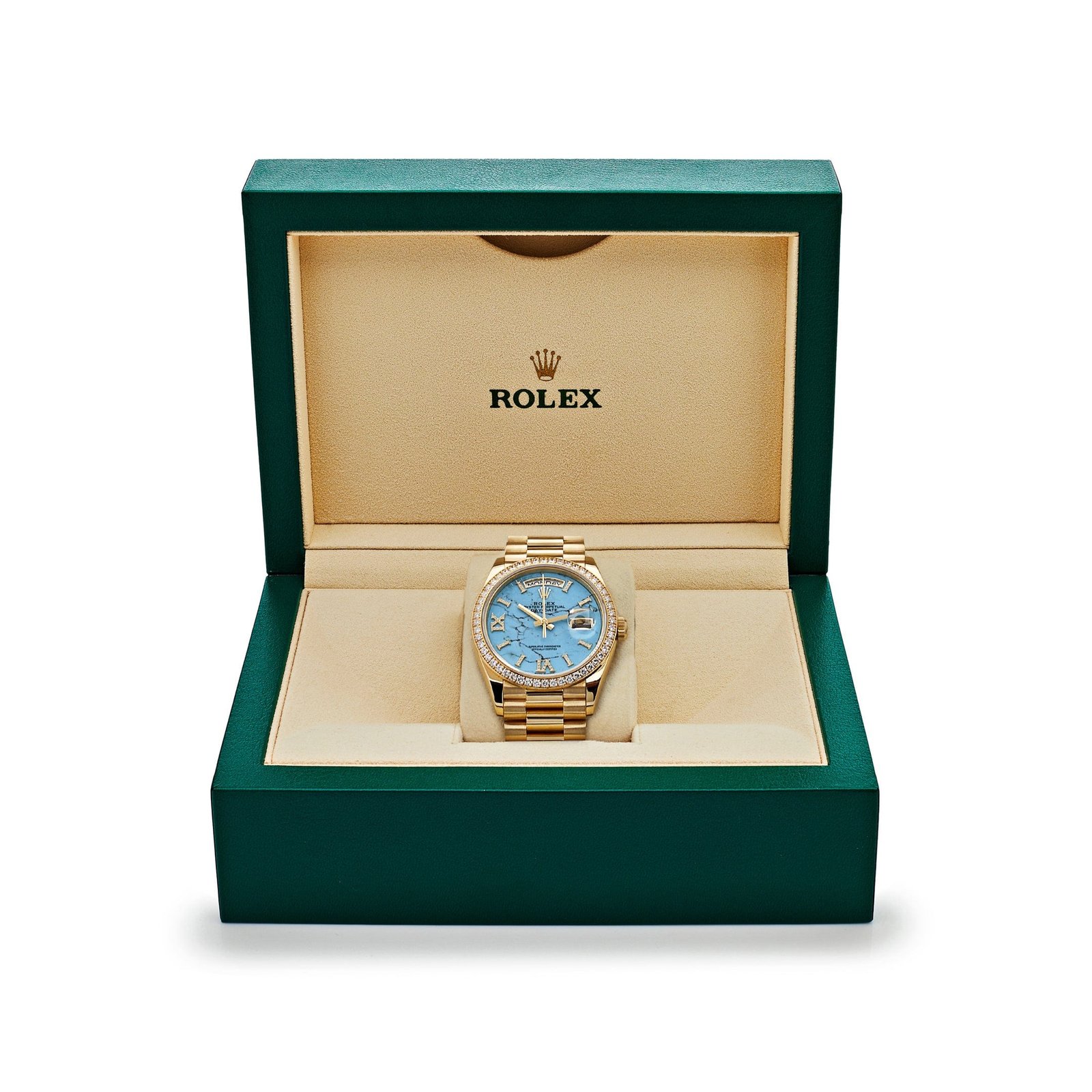 Rolex Day-Date 36 128348RBR Yellow Gold Diamond Bezel Turquoise Diamond Dial - Image 7