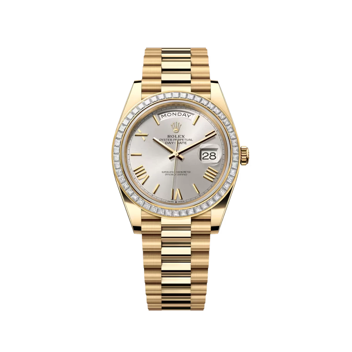 Rolex Day-Date 40 228398TBR Yellow Gold Diamond Bezel Silver Dial (2025)