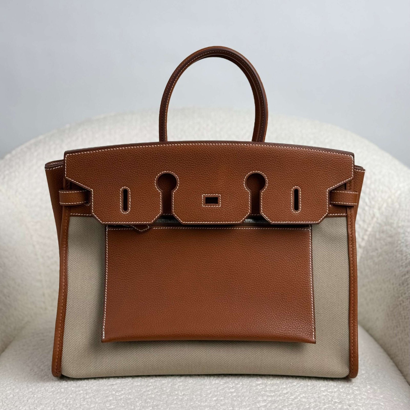 Hermès Fauve Barenia Birkin 35 A L'Envers Ficelle-Ecru H Dyed Canvas Palladium Hardware Limited Edition