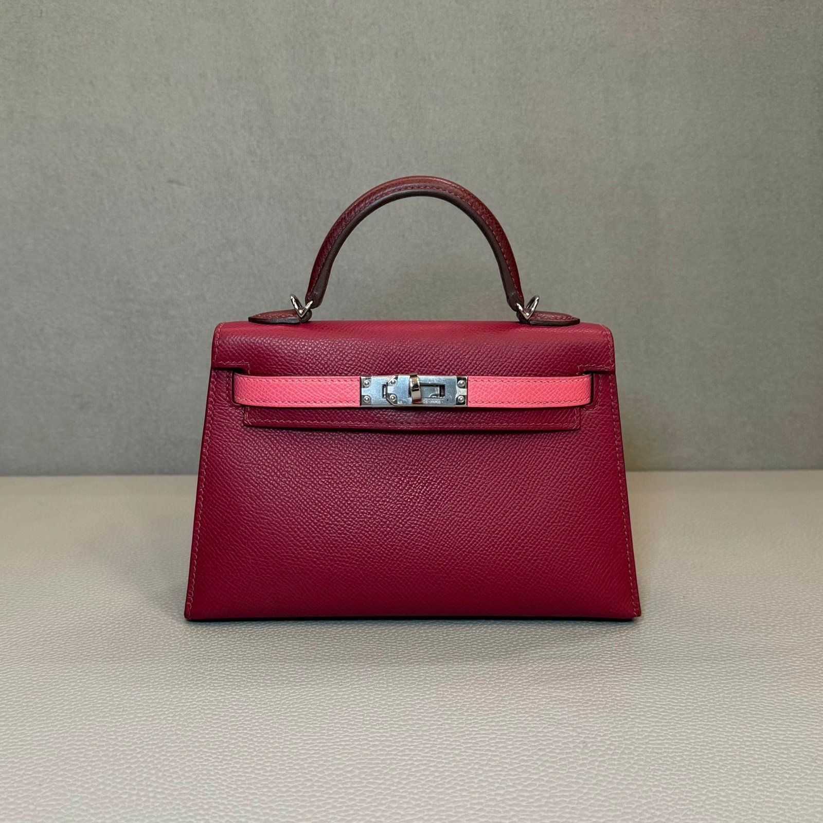 Hermès Rubis Rose Azalee Rouge Mini Kelly Sellier 20 Tricolore Epsom Palladium Hardware