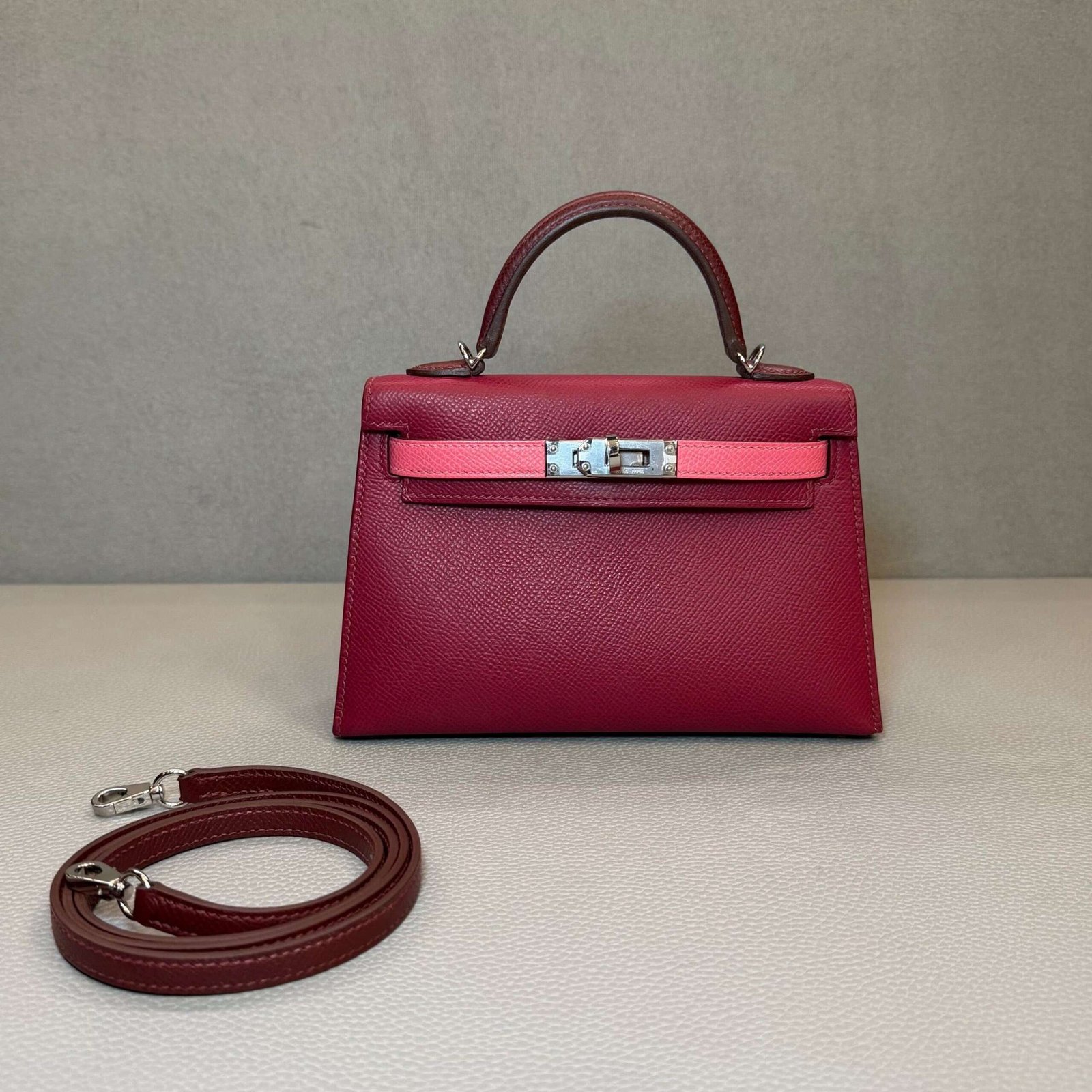 Hermès Rubis Rose Azalee Rouge Mini Kelly Sellier 20 Tricolore Epsom Palladium Hardware