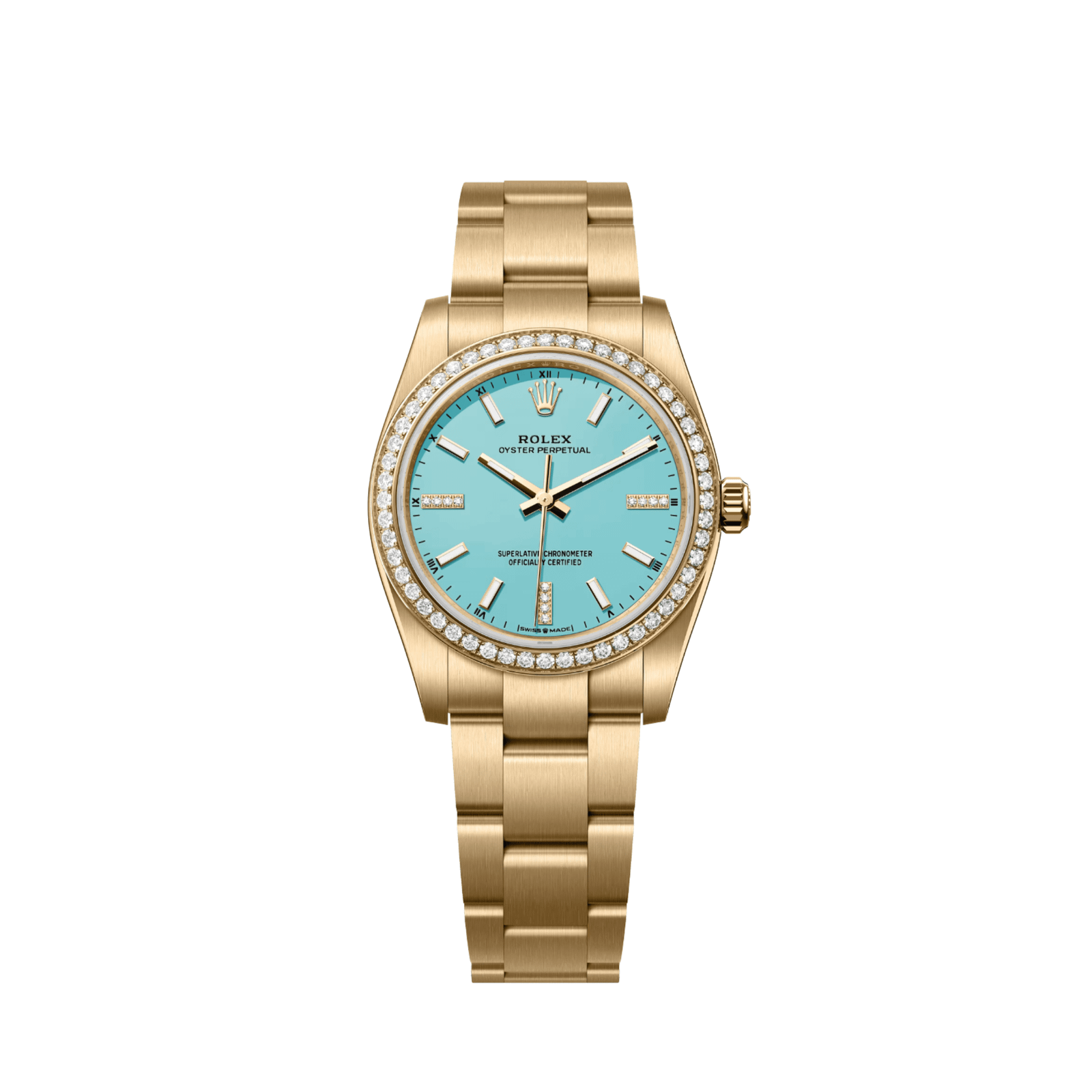 Rolex Oyster Perpetual 34 124248RBR Yellow Gold Turquoise Blue Diamond Dial Diamond Bezel (2026)